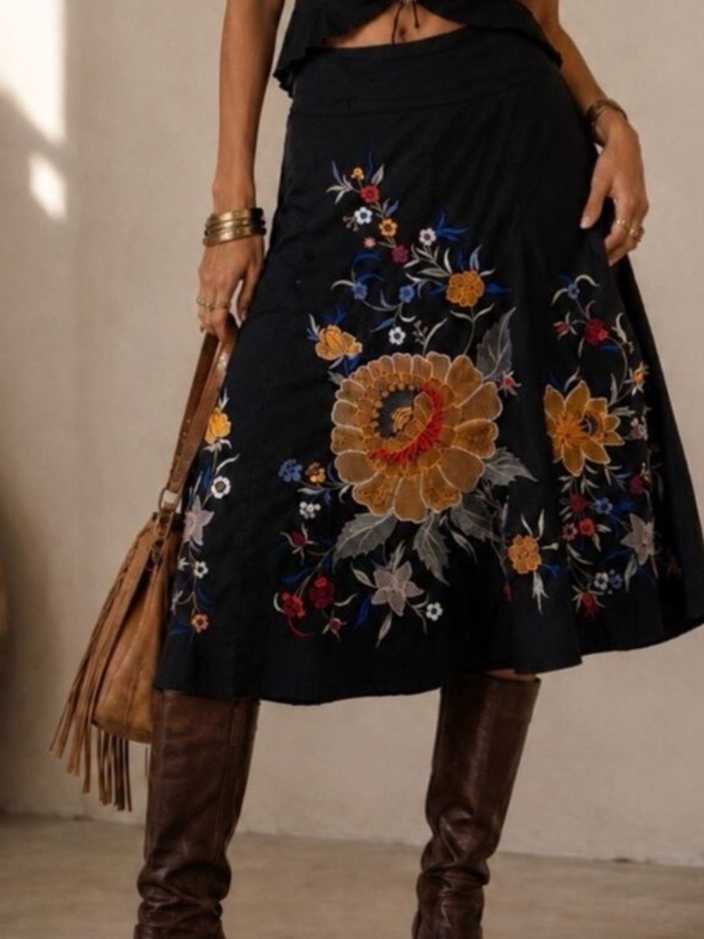 French Connection Black Midi Skirt with Multicolor Floral Embroidery
